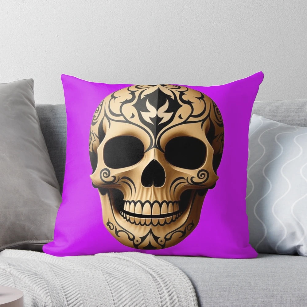 Tribal skull decorative pillow with intricate Tibetan-inspired kapala design