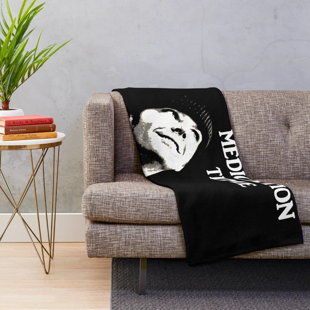 Plush blanket with "Medication Time" design, inspired by the classic film One Flew Over the Cuckoo's Nest