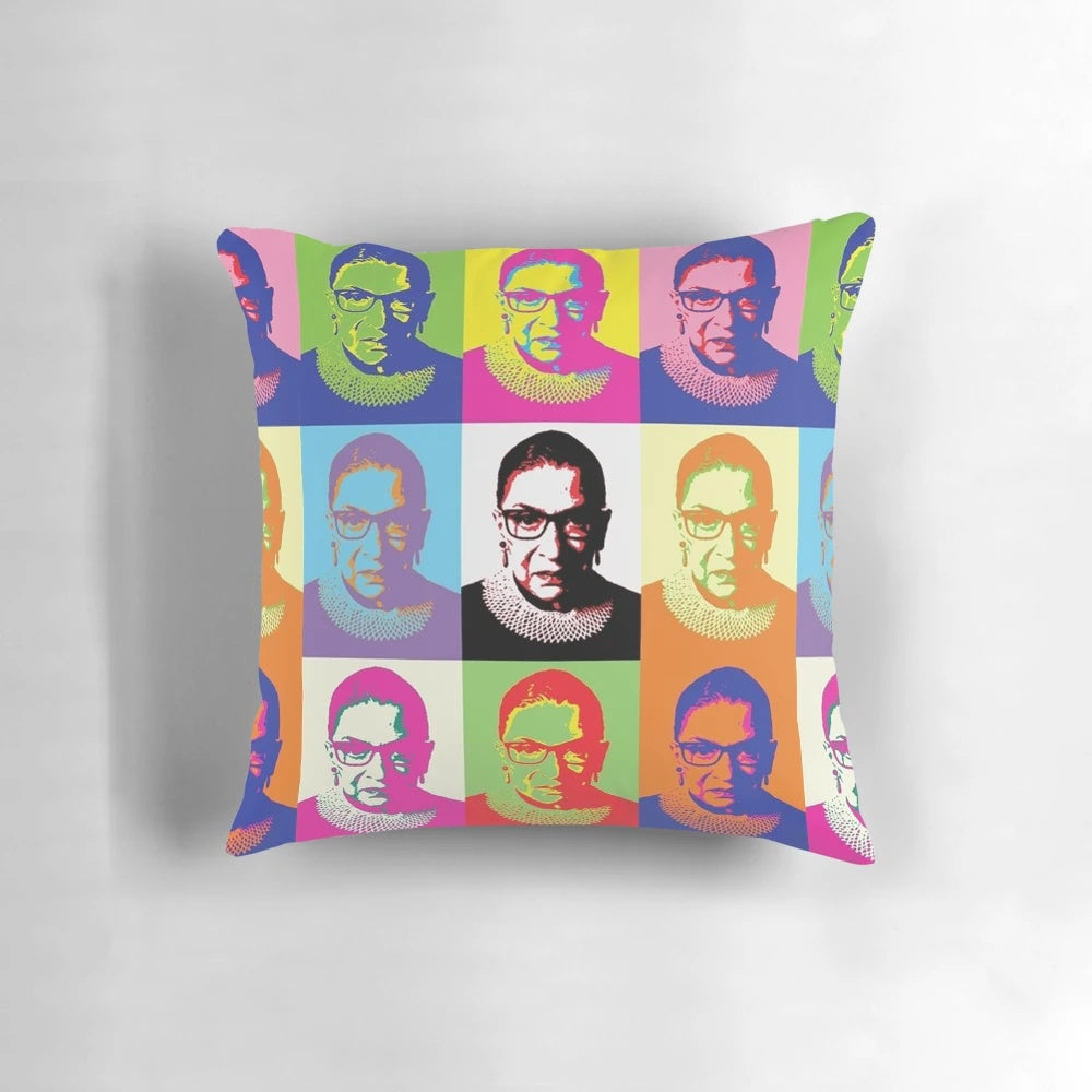 Stylized portrait of Ruth Bader Ginsburg on a decorative pillow