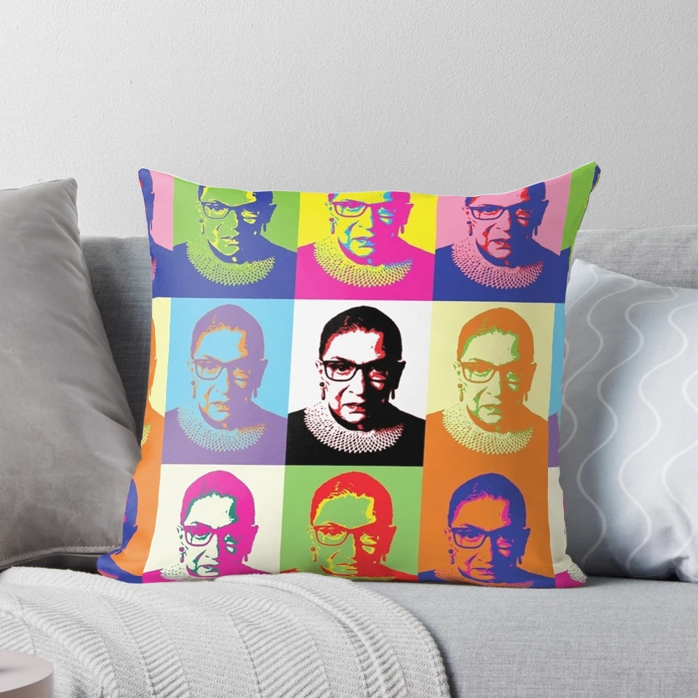 Stylized portrait of Ruth Bader Ginsburg on a decorative pillow