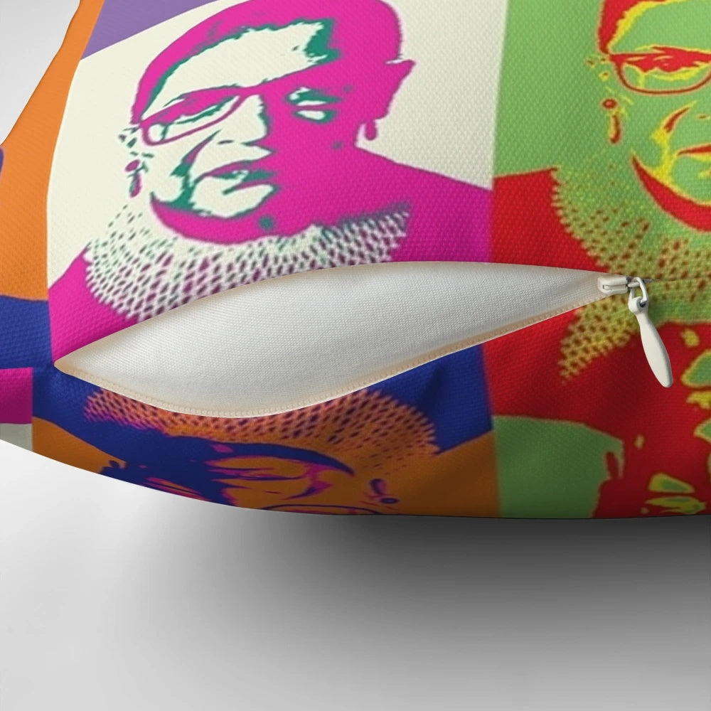 Stylized portrait of Ruth Bader Ginsburg on a decorative pillow