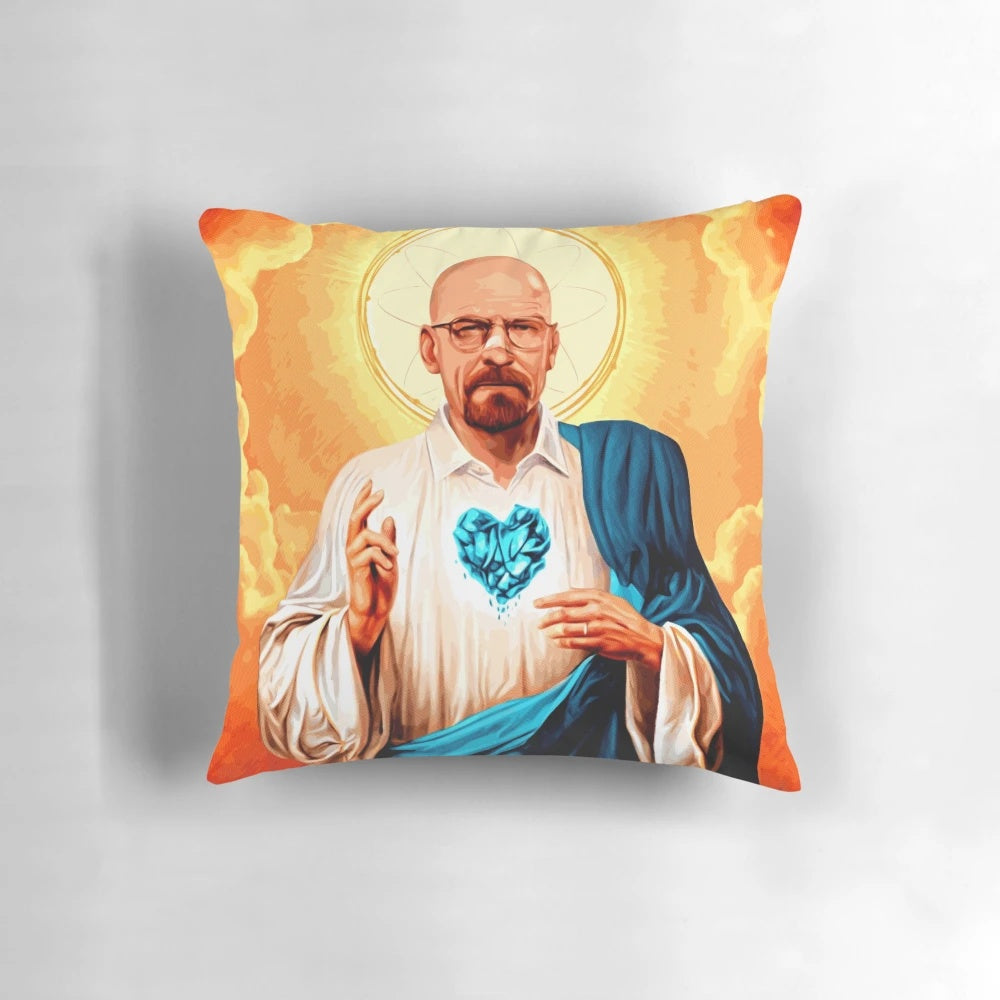 A stylized pillow featuring the character Walter White from the acclaimed TV series Breaking Bad.