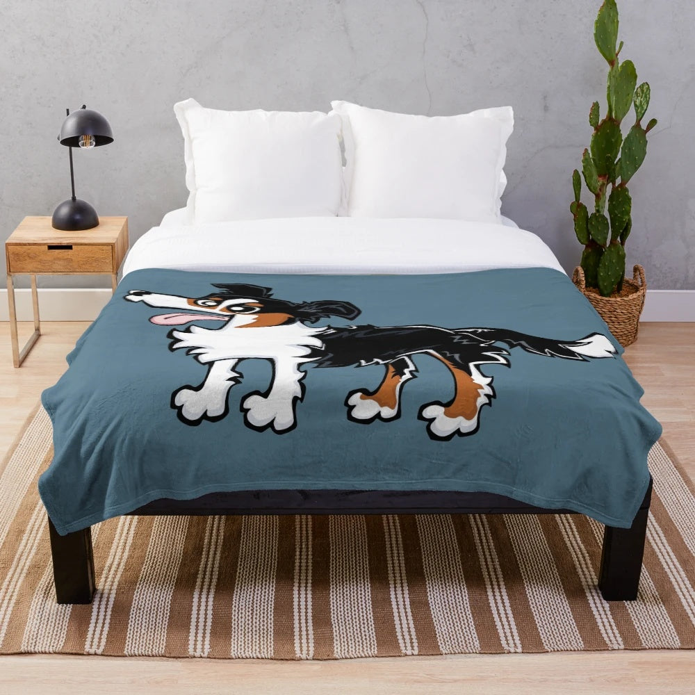 Tricolor border collie plush blanket with blue background
