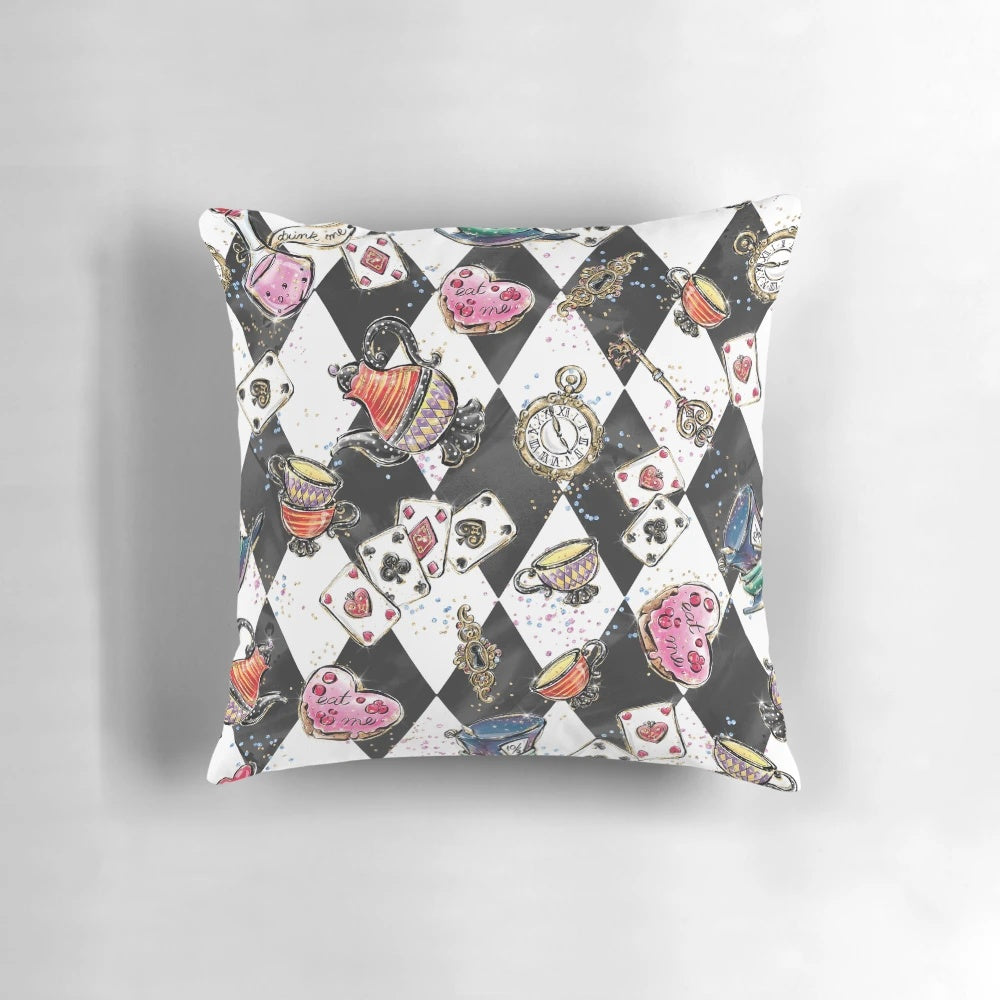 Colorful and trippy Alice in Wonderland-themed pillow with psychedelic designs