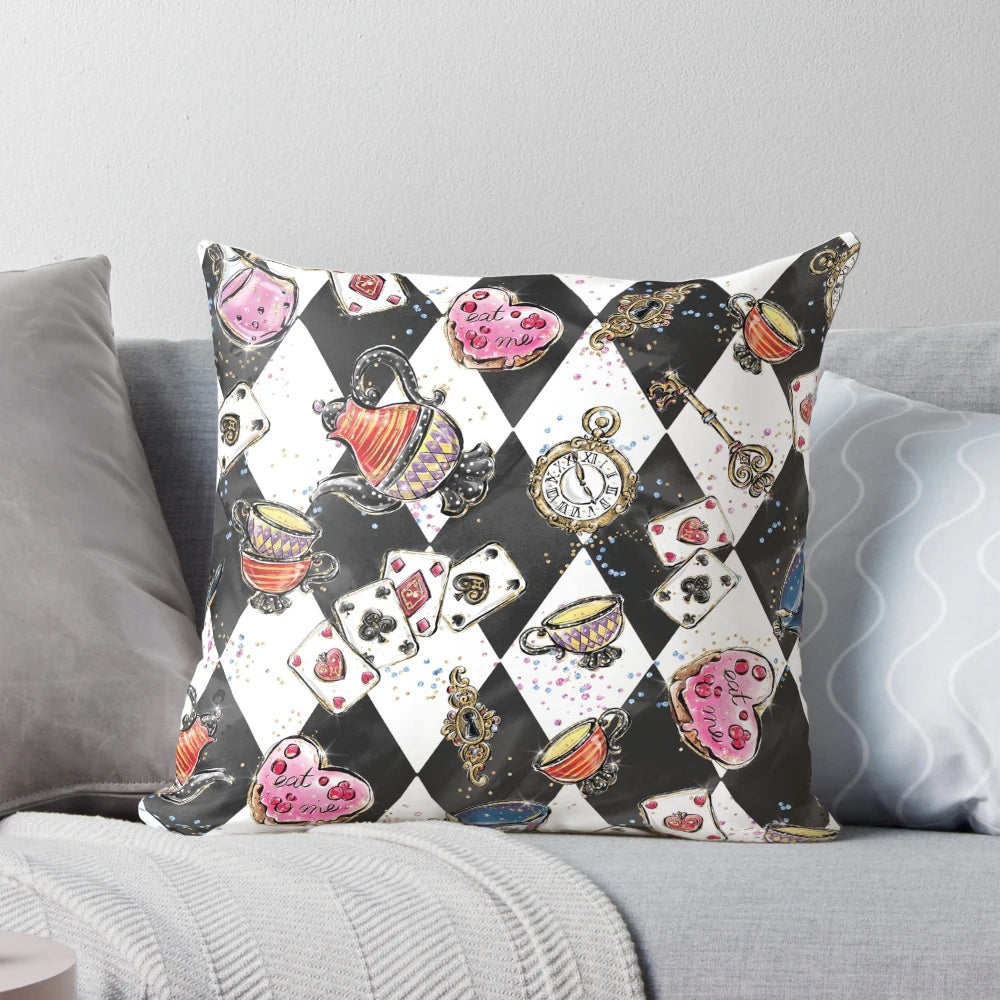 Colorful and trippy Alice in Wonderland-themed pillow with psychedelic designs