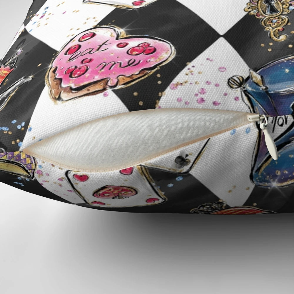 Colorful and trippy Alice in Wonderland-themed pillow with psychedelic designs