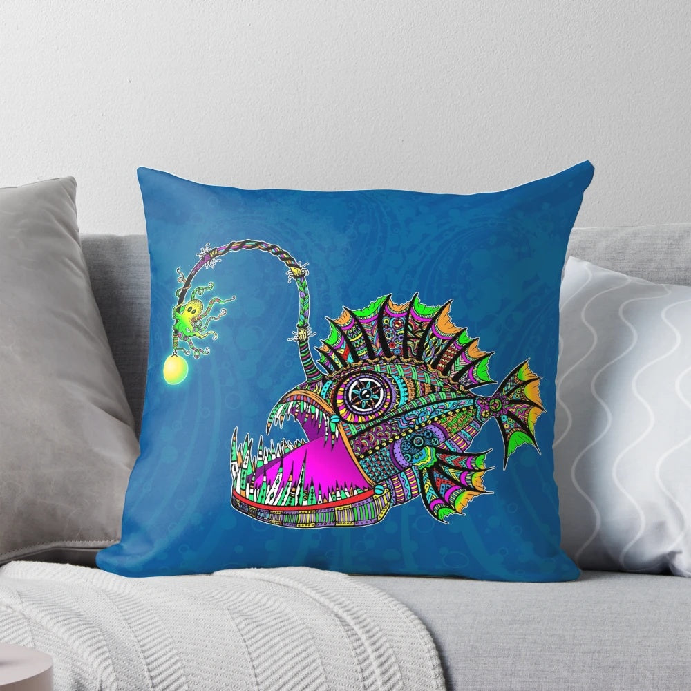 Colorful, hand-drawn electric angler fish on a pillow, evoking a trippy, underwater scene