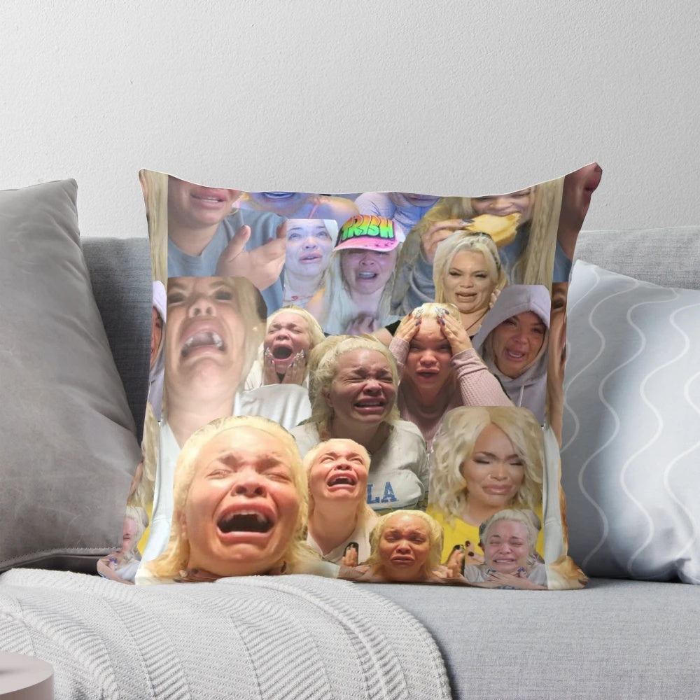 A collage design featuring Trisha Paytas, a popular YouTube personality, depicted in a crying reaction meme.