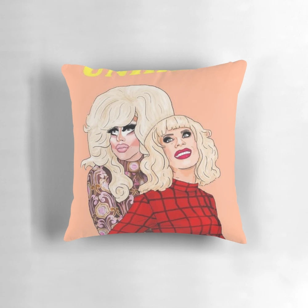 Trixie and Katya Drag Race Pillow featuring the iconic drag queen duo from RuPaul's Drag Race