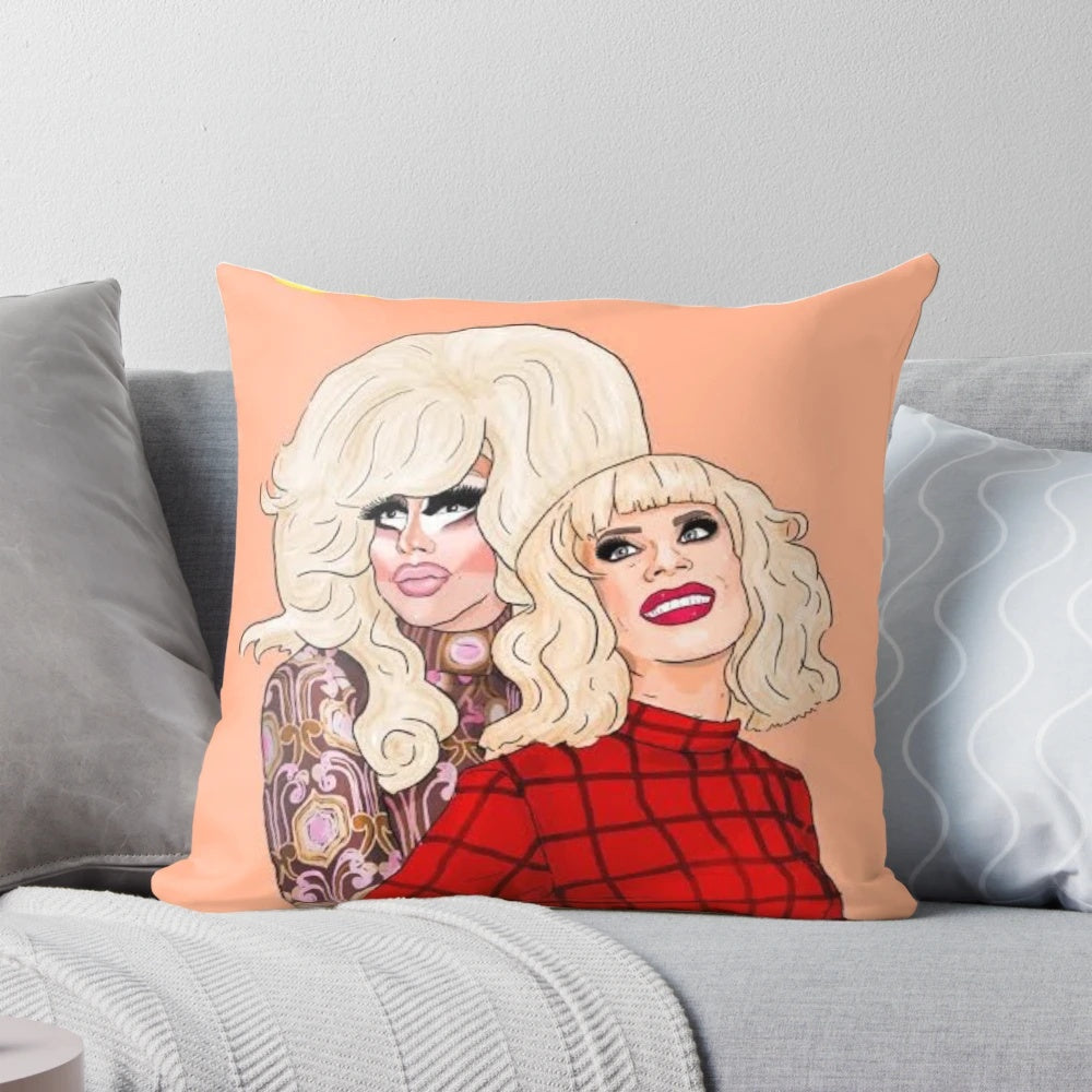 Trixie and Katya Drag Race Pillow featuring the iconic drag queen duo from RuPaul's Drag Race