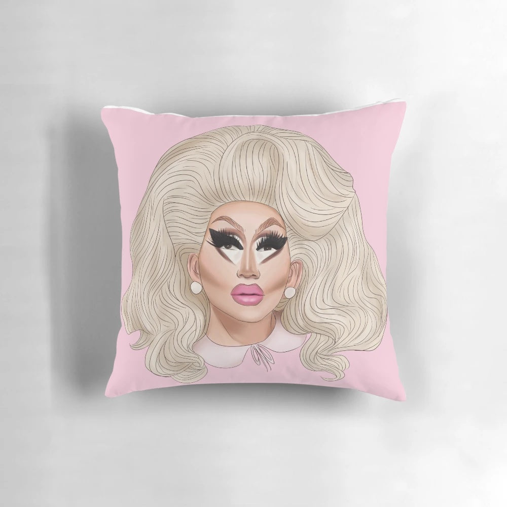 Trixie Mattel drag queen-inspired throw pillow in vibrant colors