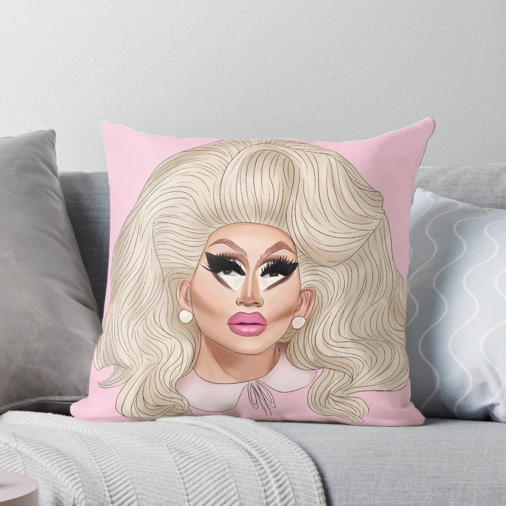 Trixie Mattel drag queen-inspired throw pillow in vibrant colors