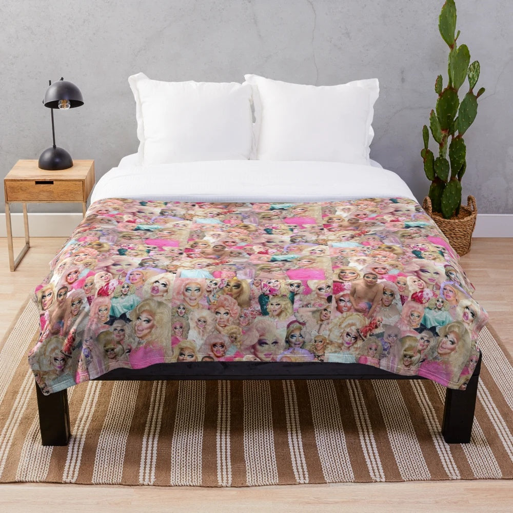 Trixie Mattel inspired plush blanket with a colorful collage design featuring the drag queen