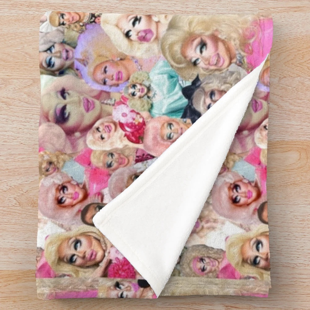 Trixie Mattel inspired plush blanket with a colorful collage design featuring the drag queen