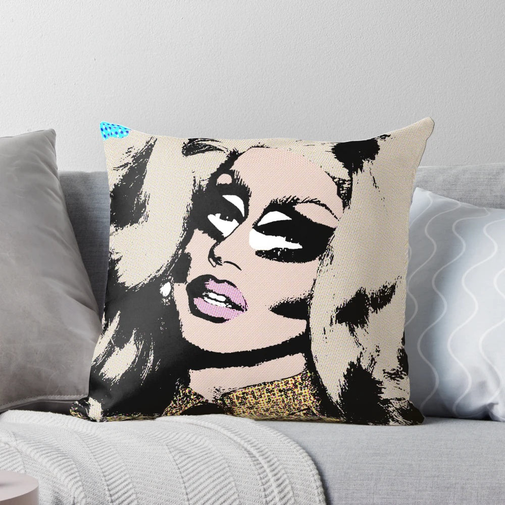 Colorful pop art-style pillow featuring the likeness of Drag Race star Trixie Mattel