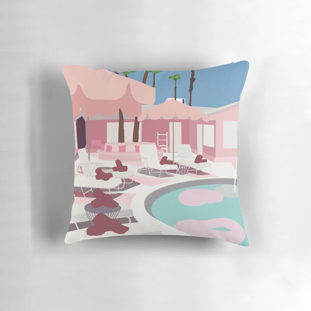 Trixie Motel-inspired minimalist pillow featuring a pink, retro-style design with a touch of Barbie and drag queen aesthetics.
