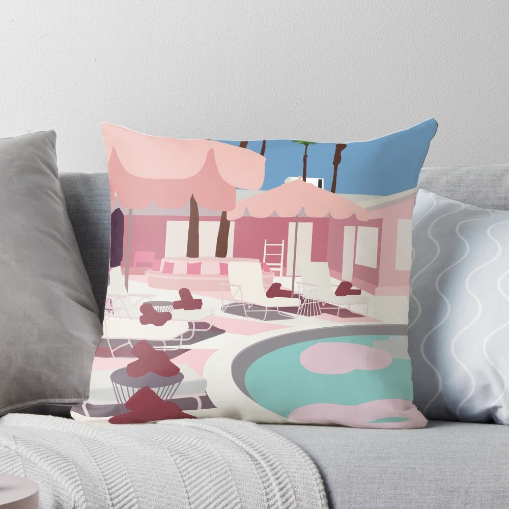 Trixie Motel-inspired minimalist pillow featuring a pink, retro-style design with a touch of Barbie and drag queen aesthetics.