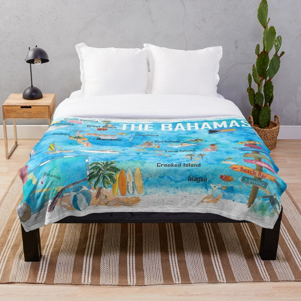 Tropical Bahamas Illustrated Map Plush Blanket