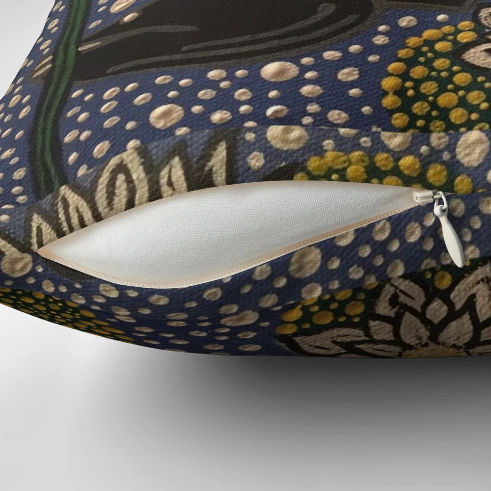 Decorative pillow featuring a vibrant image of a barramundi fish swimming among water lillies, creating a nature-inspired, coastal-themed accent for the home.