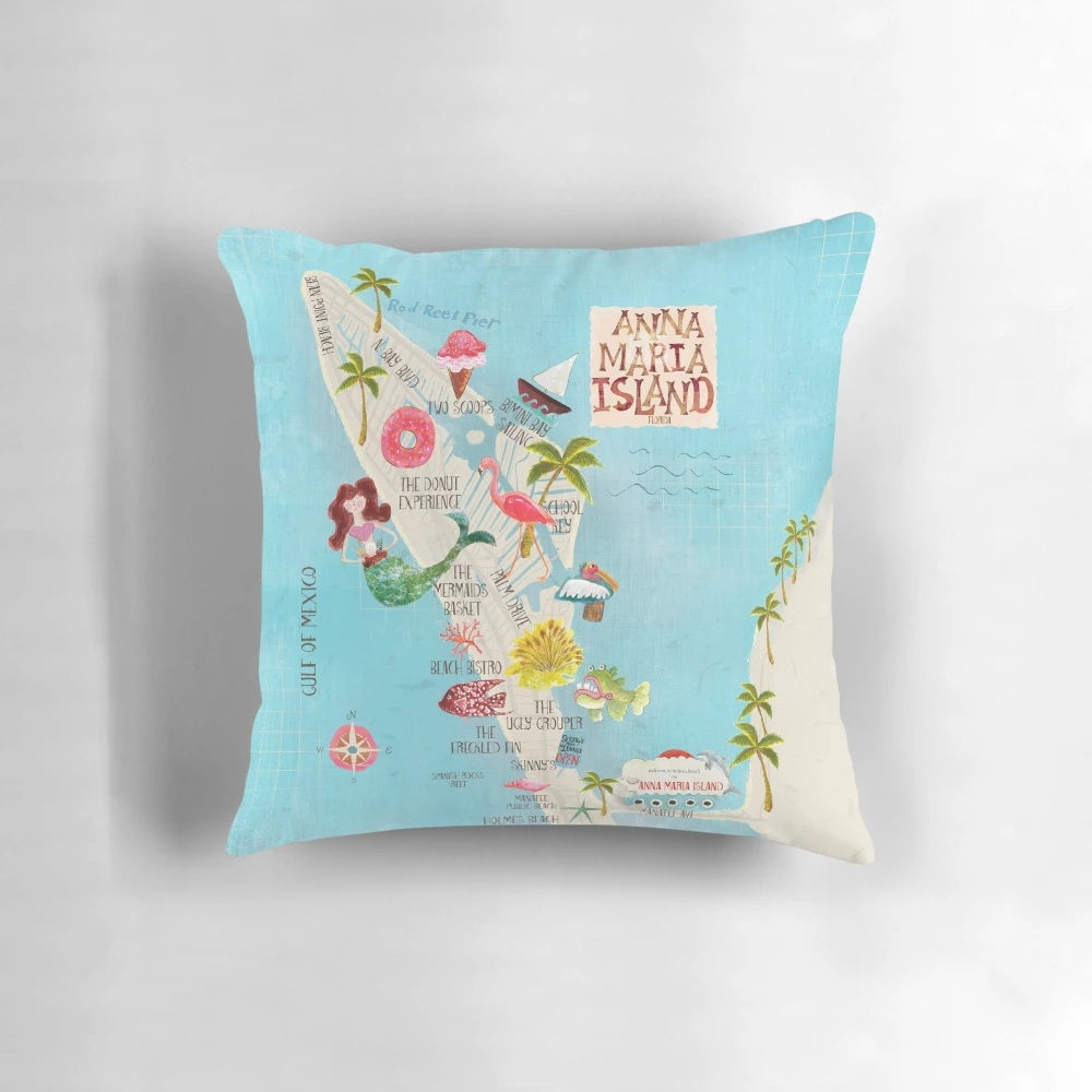 Tropical beach-themed pillow featuring a custom island map design in shades of turquoise, pink, and orange.