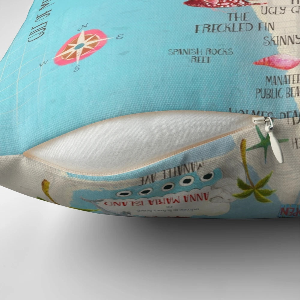 Tropical beach-themed pillow featuring a custom island map design in shades of turquoise, pink, and orange.