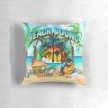 Vibrant tropical pillow with a tiki hut and parrot design, perfect for beach-themed decor.