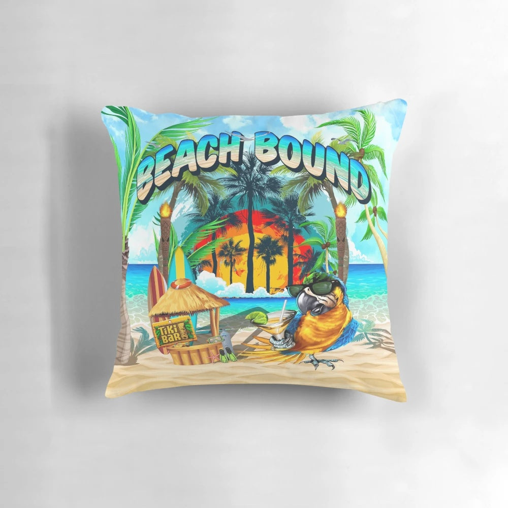Vibrant tropical pillow with a tiki hut and parrot design, perfect for beach-themed decor.