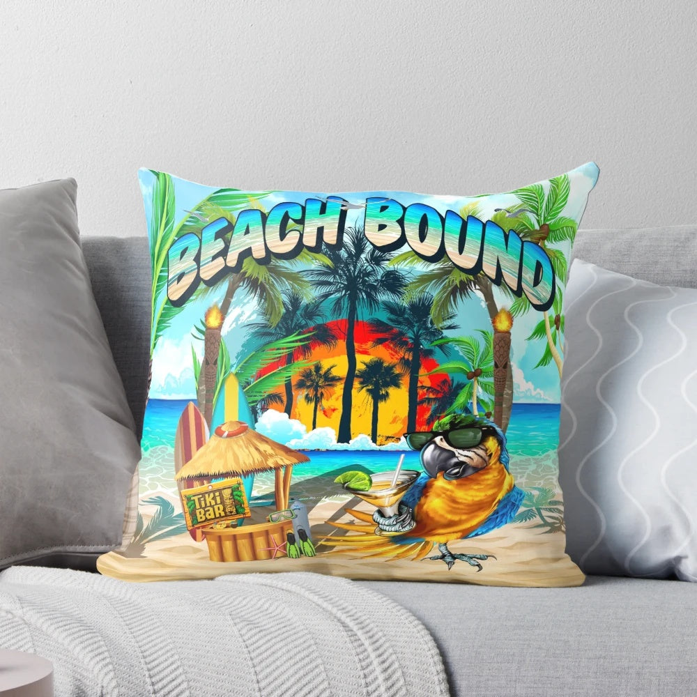 Vibrant tropical pillow with a tiki hut and parrot design, perfect for beach-themed decor.