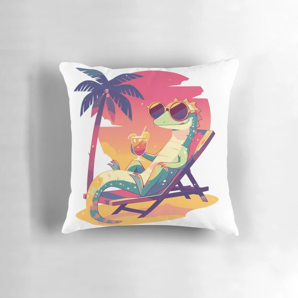 A pillow featuring a lizard lounging on a tropical beach with palm trees, ocean, and sunset in the background.