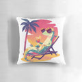 A pillow featuring a lizard lounging on a tropical beach with palm trees, ocean, and sunset in the background.