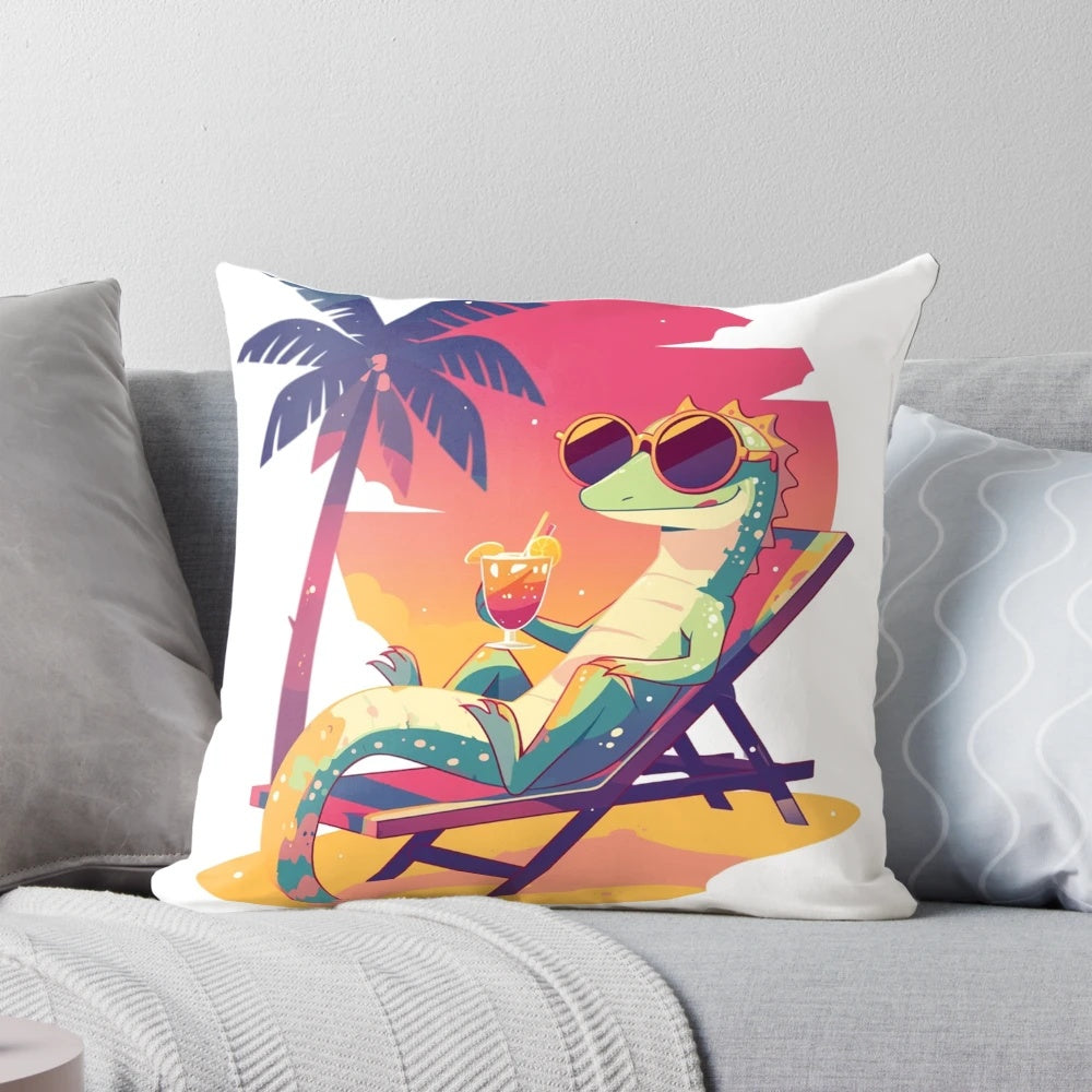 A pillow featuring a lizard lounging on a tropical beach with palm trees, ocean, and sunset in the background.