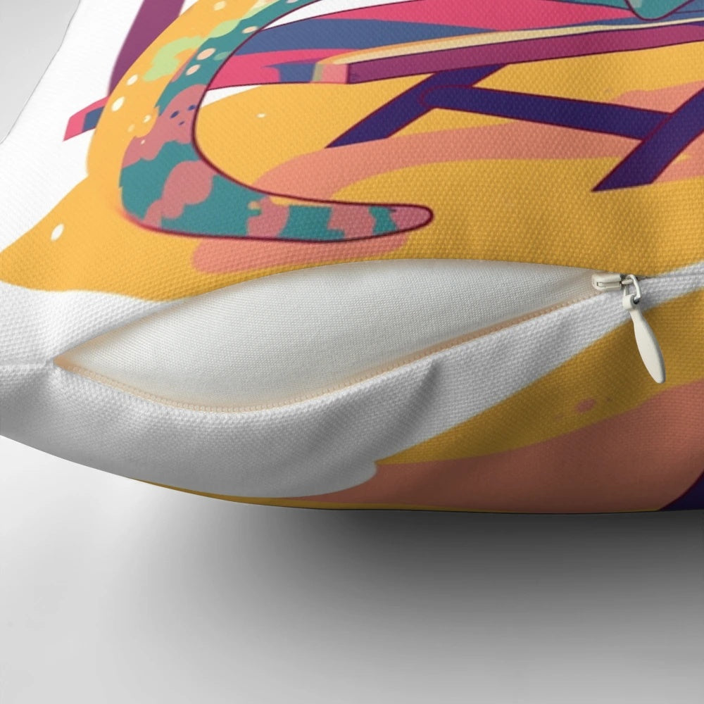 A pillow featuring a lizard lounging on a tropical beach with palm trees, ocean, and sunset in the background.