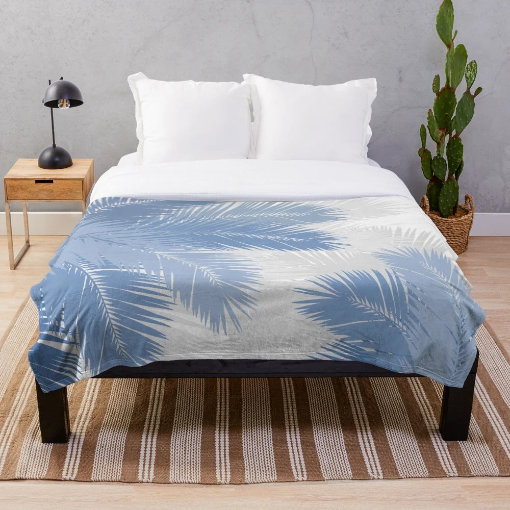 Blue tropical palm leaves plush blanket