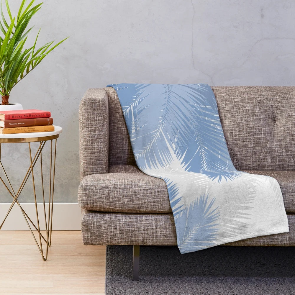 Blue tropical palm leaves plush blanket