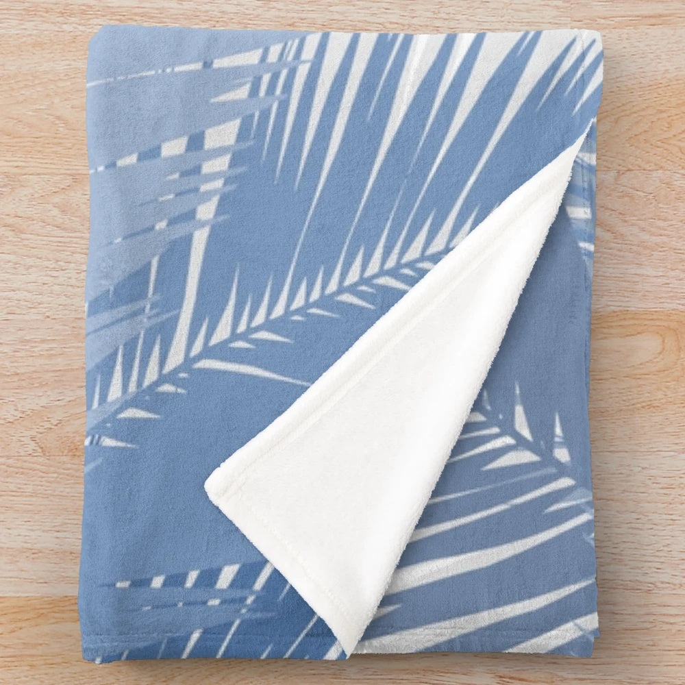 Blue tropical palm leaves plush blanket