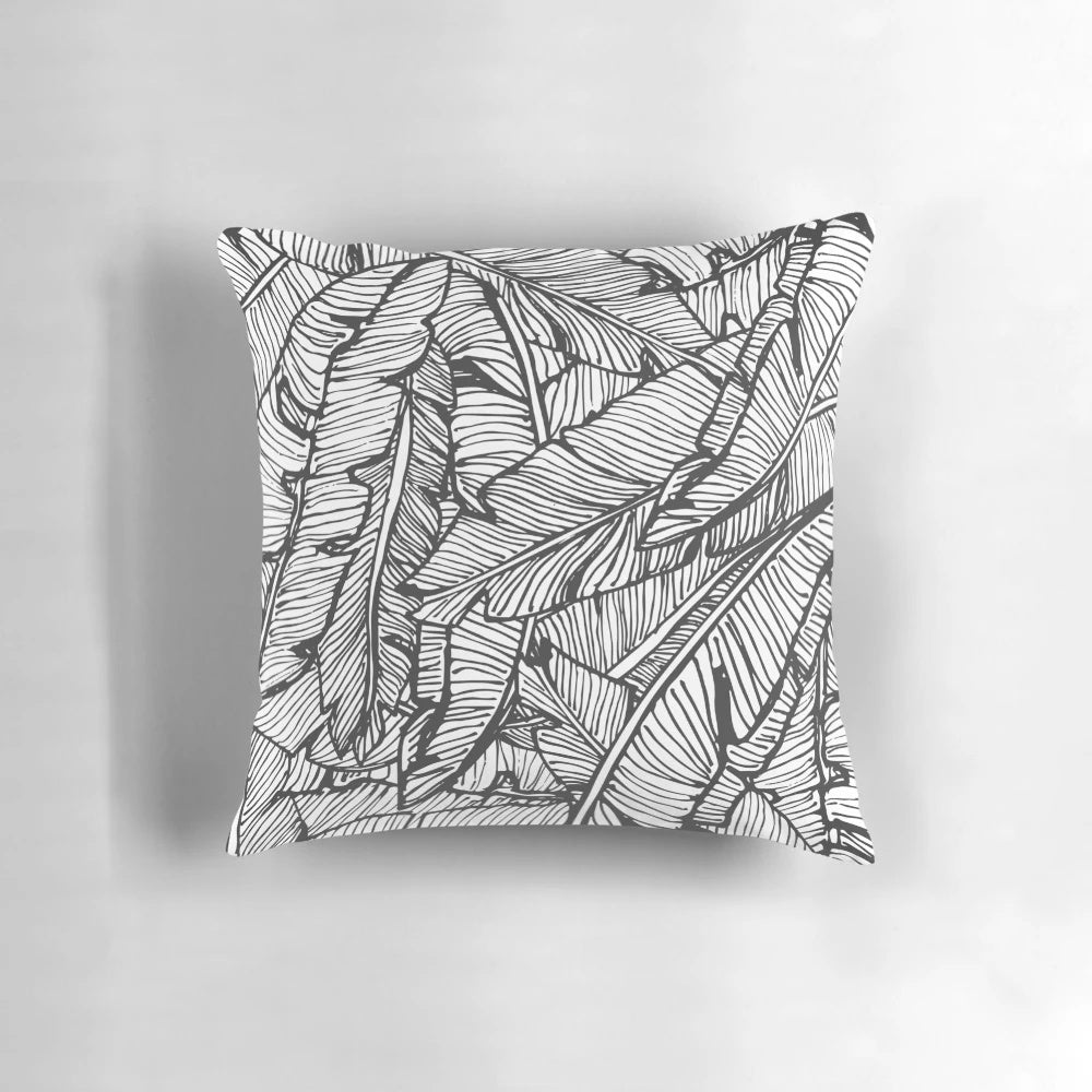 Tropical Black and White Jungle Pillow with Botanical Leaf Pattern