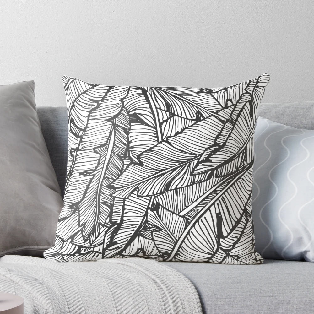 Tropical Black and White Jungle Pillow with Botanical Leaf Pattern