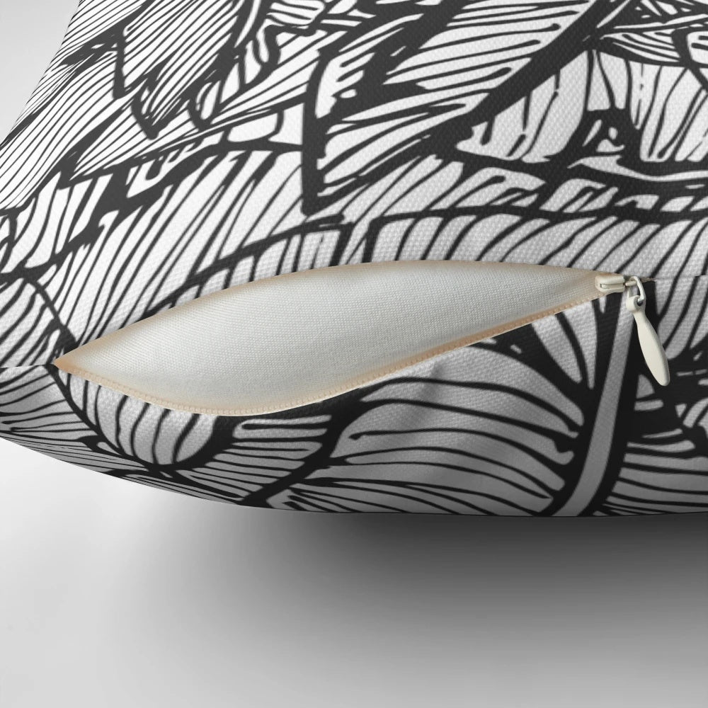Tropical Black and White Jungle Pillow with Botanical Leaf Pattern