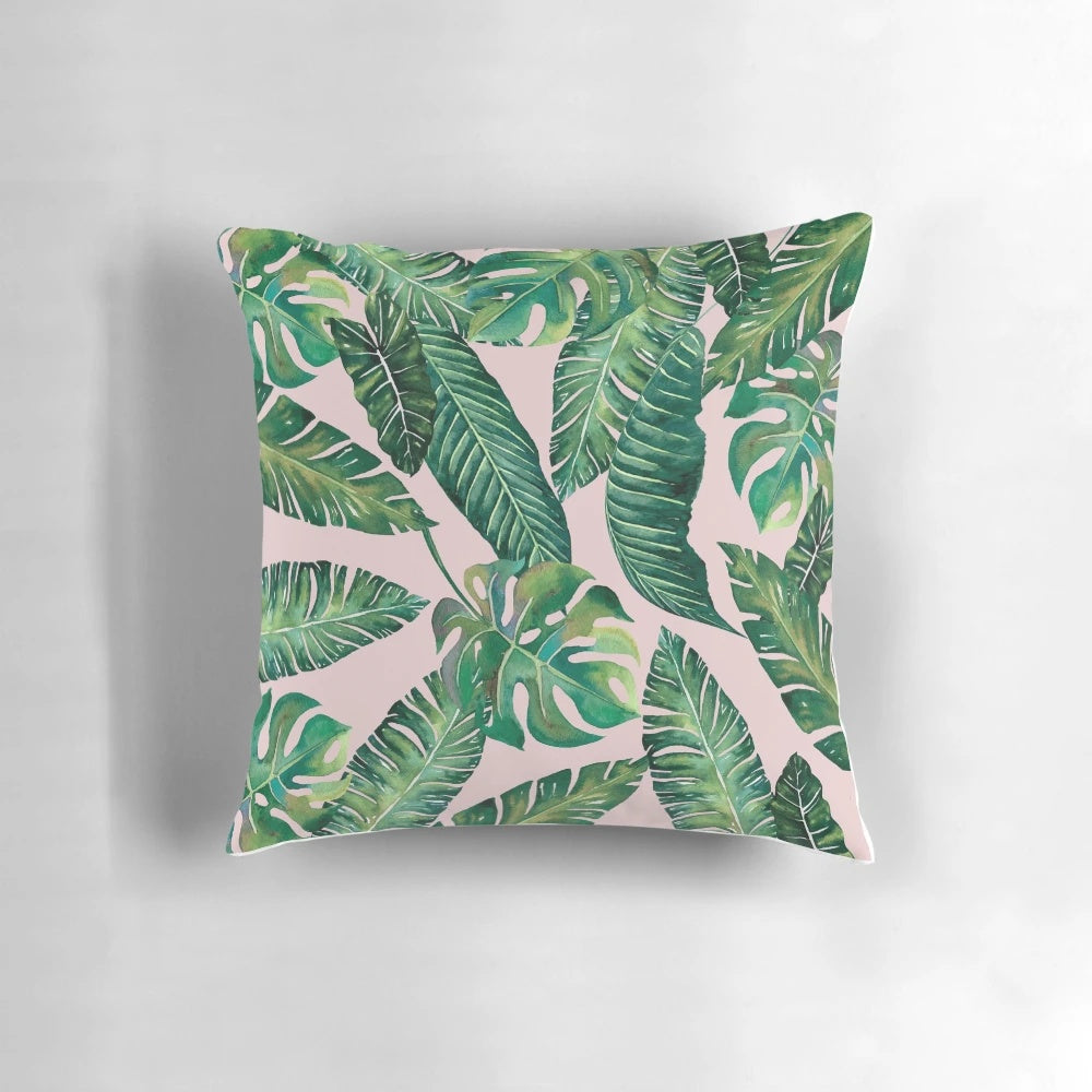 Vibrant tropical monstera leaf and banana leaf pattern decorative throw pillow