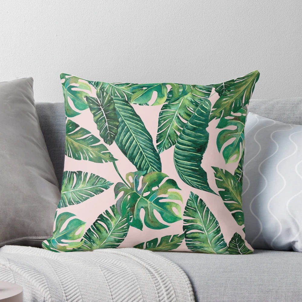 Vibrant tropical monstera leaf and banana leaf pattern decorative throw pillow