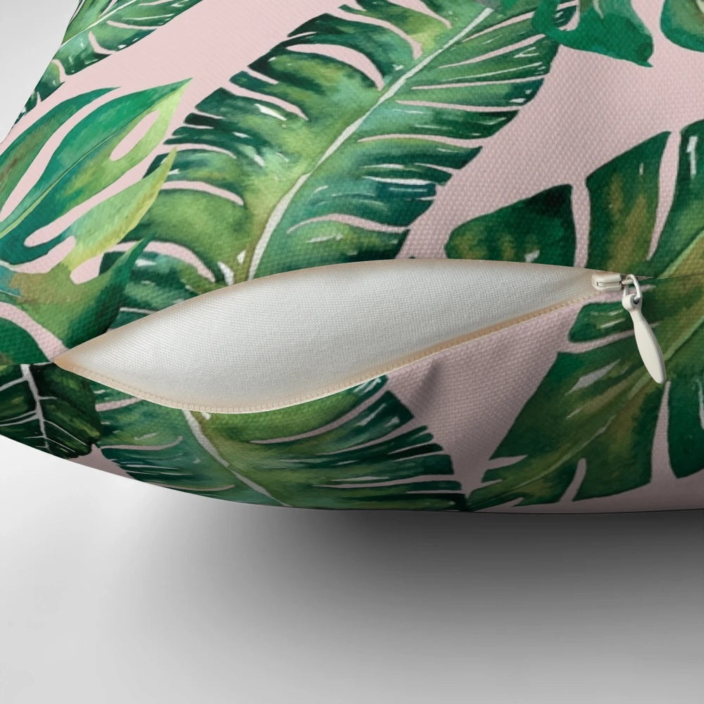 Vibrant tropical monstera leaf and banana leaf pattern decorative throw pillow