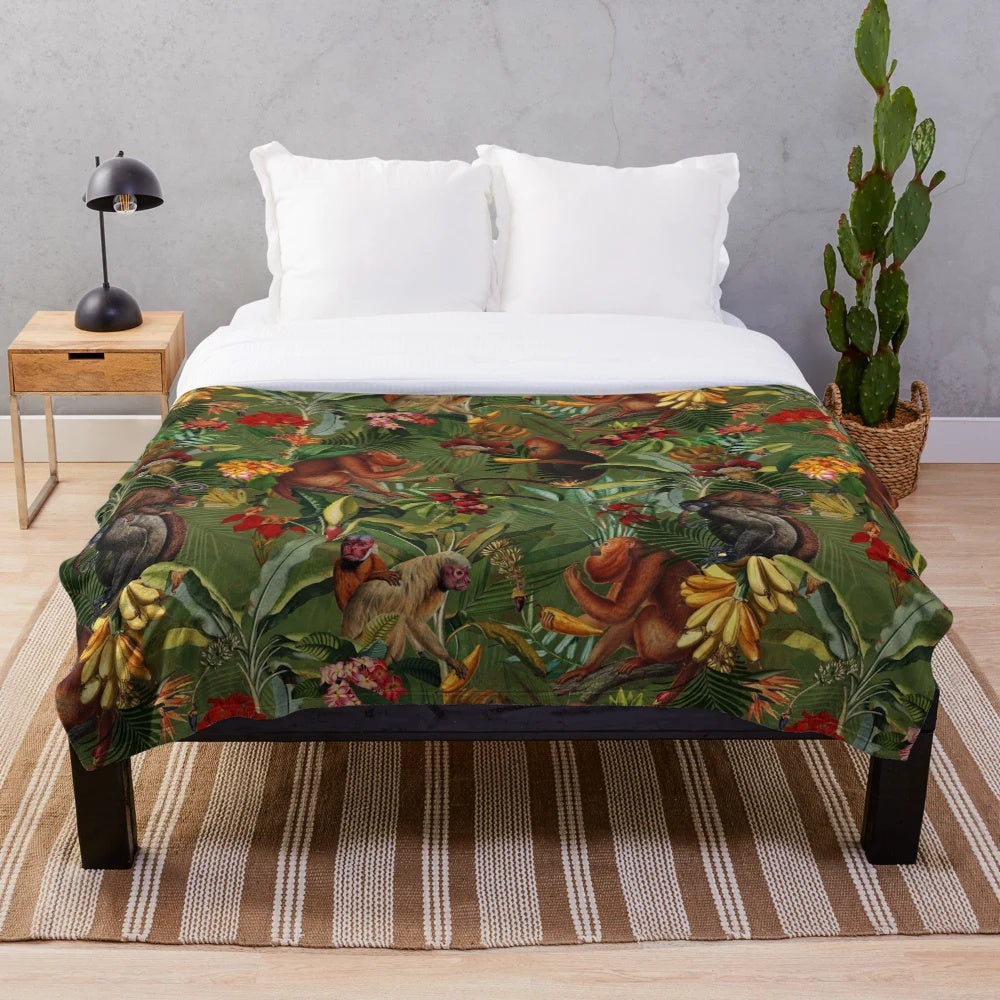 Tropical botanical night garden plush blanket with lush green jungle pattern