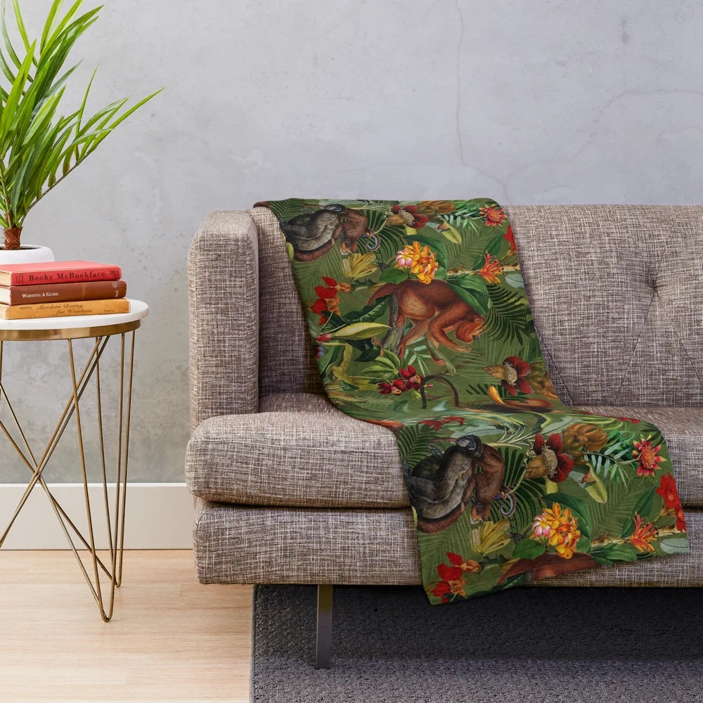 Tropical botanical night garden plush blanket with lush green jungle pattern