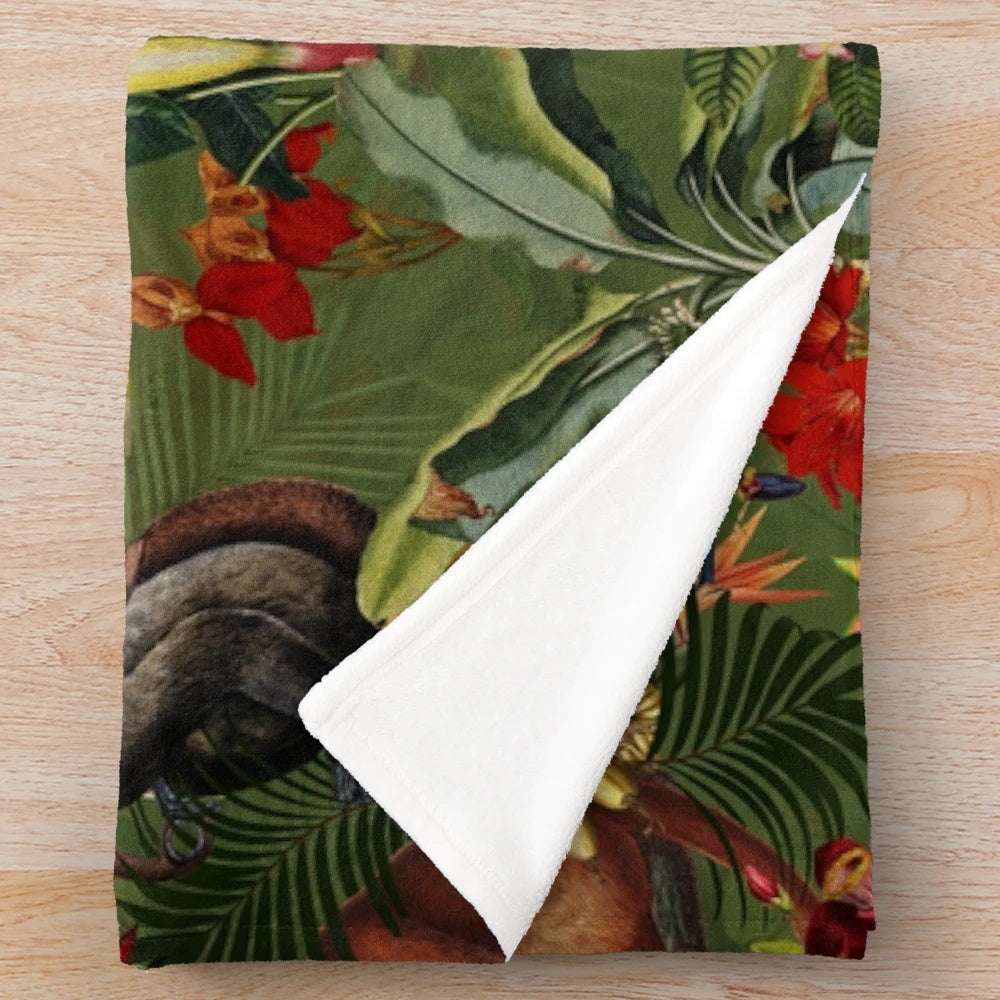 Tropical botanical night garden plush blanket with lush green jungle pattern