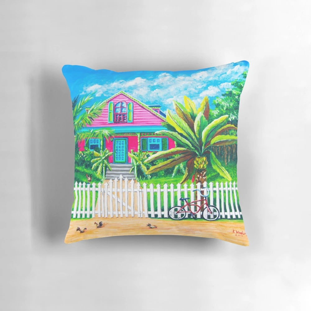 Vibrant tropical Caribbean life pillow with palm trees and island-inspired design