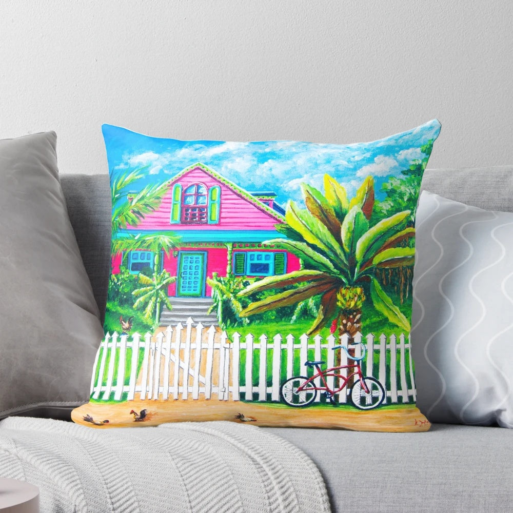 Vibrant tropical Caribbean life pillow with palm trees and island-inspired design