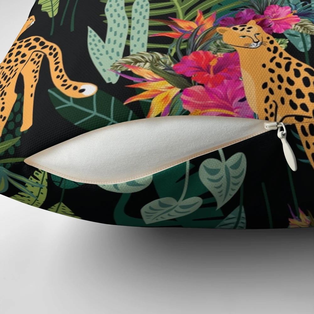 Tropical cheetah print decorative pillow with palm leaves, flowers, and vibrant colors