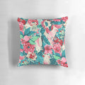 Vibrant tapestry-style pillow depicting a cockatoo and parrot in a lush, tropical forest setting