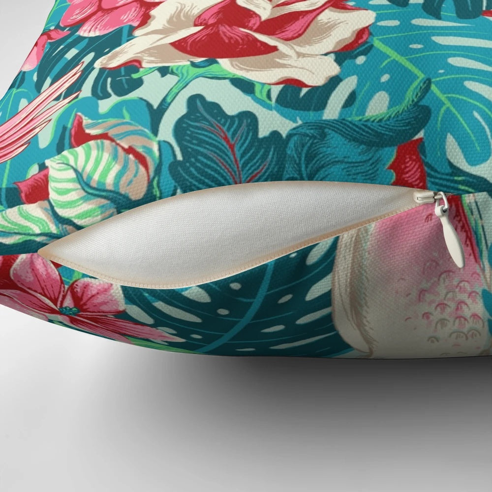 Vibrant tapestry-style pillow depicting a cockatoo and parrot in a lush, tropical forest setting