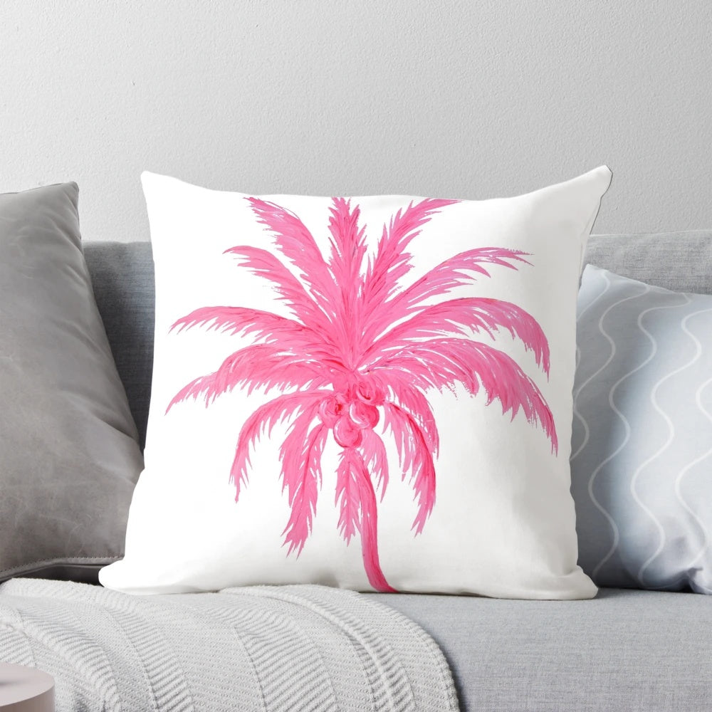 Decorative throw pillow featuring a beautiful coconut palm tree against a pink background